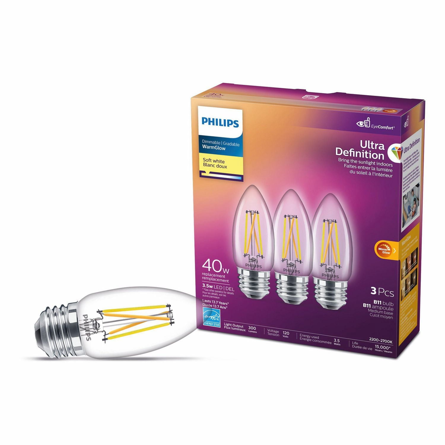 Philips LED Ultra Definition 40W Chandelier (B11) Medium Base (E26) Soft White WarmGlow Glass Clear 3-Pack