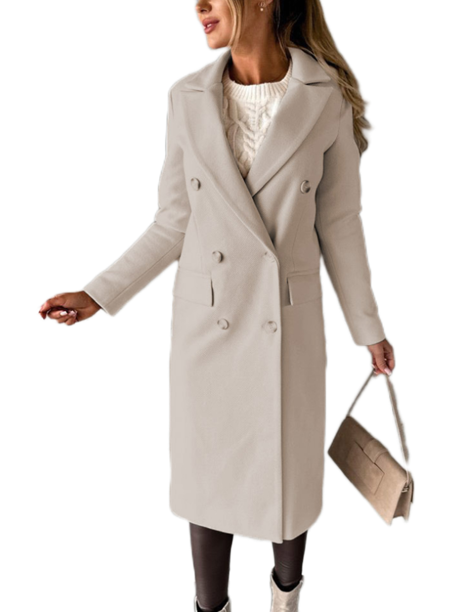 MAWCLOS Ladies Classic Solid Color Outwear Holiday Lapel Pea Coats Beige S