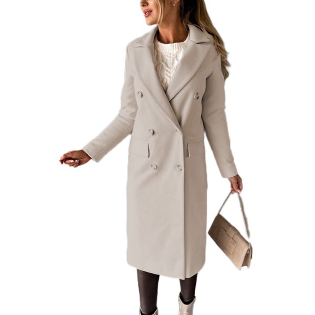 MAWCLOS Ladies Classic Solid Color Outwear Holiday Lapel Pea Coats Beige S