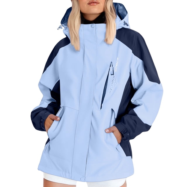 ManxiVoo Detachable Hood Women's Rain Jacket Multi-Purpose Hiking Windcoat With Adjustable Cuffs For Commuting L Size Light Blue