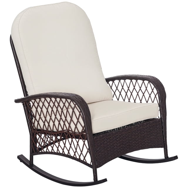 Outsunny Rattan Rocking Chair with Soft Cushion for Garden Backyard White