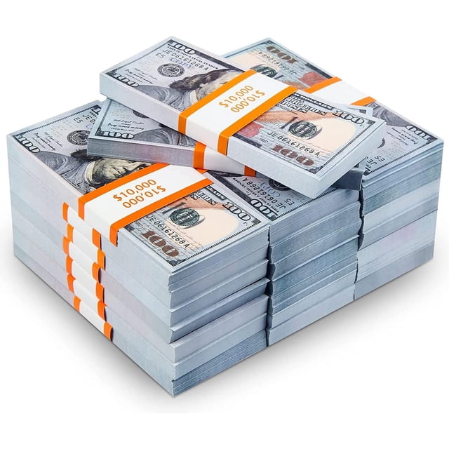 ORUYROP 300Pcs Copy Props for Magic, Movie, TikTok, Videos, Education, and Parties. The image displays a stack of play money designed to look like $100 bills, neatly bundled with orange bands marked '$10,000.' Ideal for pretend play, teaching, and party use.