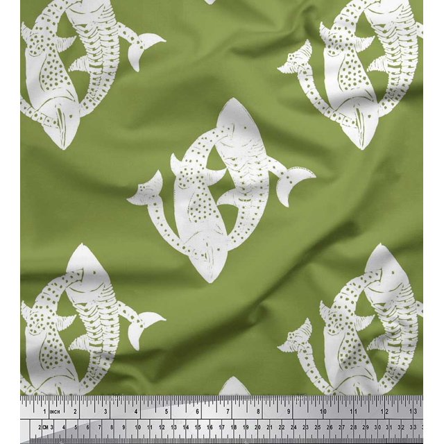 Soimoi Crepe Silk Fabric Fish Block Print Fabric by The Yard 42 Inch Wide