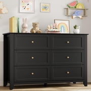Black 6 Drawer Dresser for Bedroom – 54" Wide Modern Wooden Chest with Deep Drawers, Metal Knobs, for Hallway, Entryway, Living Room