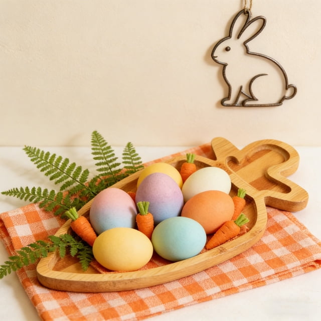 karymi Rustic Wooden Serving Tray Shaped Like Rabbit and Carrot Multicolor Natural Finish Decorative for Easter Candy Snacks Table Centerpiece 12x5.5x0.7in Bedroom Decor