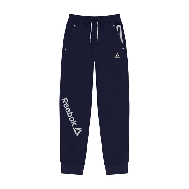 Reebok Garçons Advanced Tech Jogger en Éponge Bleu Marine avec Taille Élastique et Cordons de Serrage Tubulaires Blancs, avec Deux Poches Latérales Incluant une Poche Zippée Collée sur la Cuisse Droite, Poignets Côtelés et logos Reebok Delta sur la Cuisse Gauche et l'Inférieur de la Jambe, Fabriqué en Tissu Éponge Français 80 % Coton et 20 % polyester, Convient aux Bas de Vêtements d'Entraînement pour Garçons et aux Tenues Décontractées.