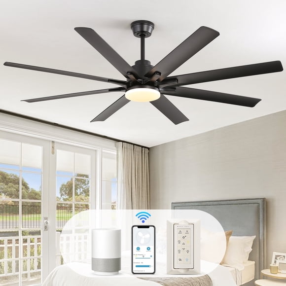 Sofucor 66" Modern Black Ceiling Fan with LED Light, Phone App, Remote, and Voice Control