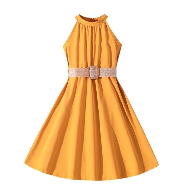 biudgviw Robe d'Été pour Filles Sans Manches à Col Licou, Épaules Dénudées, Ceinturée, Robe Trapèze Midi Décontractée, Robe Soleil 6-13 Ans