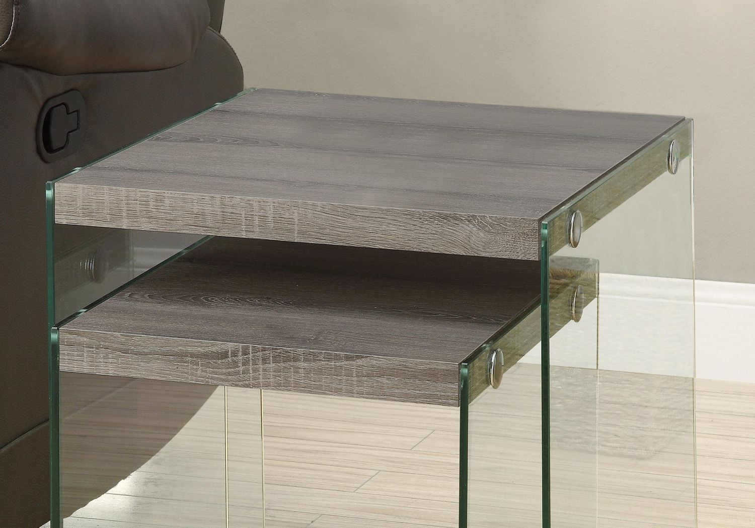 Monarch Specialties Nesting Table, Set Of 2, Side, End, Accent, Living Room, Bedroom, Tempered Glass, Laminate, Brown, Clear, Contemporary, Modern