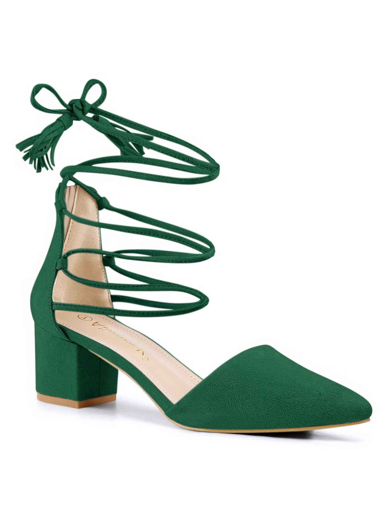 BLISSFUL STEP Women Pointed Toe Block Heels Lace Up Pumps Emerald Green 5