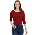 thumbnail image 1 of INSPIRE CHIC Hauts pour Femmes Manches au Coude Encolure Bateau Coupe Ajustée T-Shirt Classique Décontracté TP Rouge Vin, 1 of 1