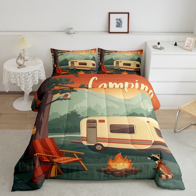Erosebridal Travel Car Camping Bedding Full Comforter Set, Lodge Carbin Down Comforter, Rustic Room Decor, Breathable 3pcs