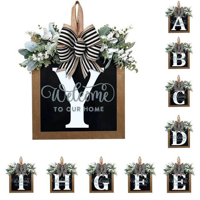 MesaSe Front Door Decorations Alphabet Wreath Sign Outdoor Hanging Decoration 11.8”*11.8”
