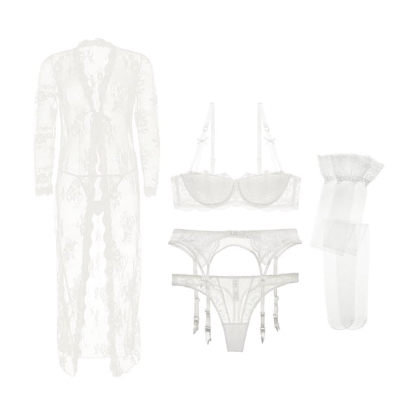 Women Push Up Bras Set Lace Lingerie Bra and Thong and Garter and Stocking and Robe 5Pcs