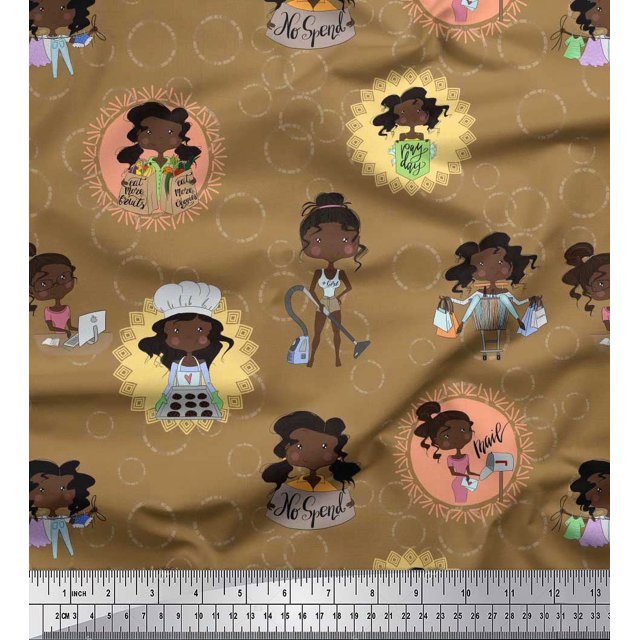 Soimoi Brown Crepe Silk Fabric Circle,Cook & Working Girl Printed Craft Fabric by the Yard 42 Inch Wide