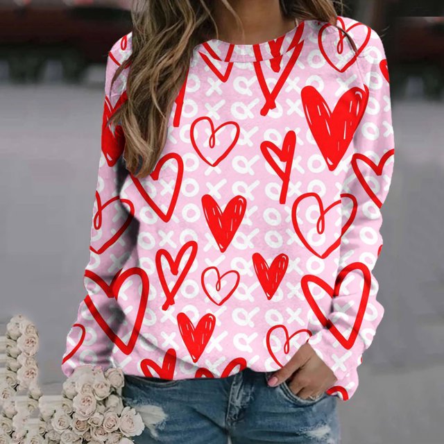 Aboser Chandails Molletonnés pour Femmes Love, Chandail de la Saint-Valentin à Col Rond, Hauts à Manches Longues pour Femmes, Chandails Molletonnés Y2K Surdimensionnés, Chandails Décontractés à Col Rond, Cadeaux pour Amies