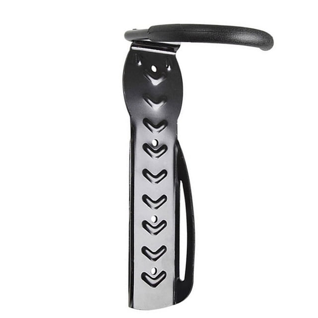 Dalazy Heavy Duty Solid Steel Wall Mount Bicycle Hanger Space Saving Storage System in black. The hanger features a fixed hook with a thick rubber cover to prevent scratches on bike rims and a unique safety hook design to prevent accidental release. Made of durable steel, it measures 26 x 7.8 cm and can hold up to 66 pounds. Suitable for all bike types, including mountain bikes, road bikes, and folding bikes. Designed for vertical bike storage to save space in garages or storage areas.