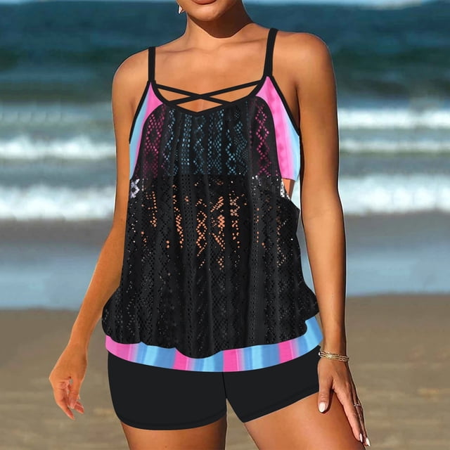 UPPADA Women Tankini Swimsuits Set Two Piece Tummy Control Bathing Suit Racerback Flowy Swimwear Swim Dress with Bra Skirted Bathing Suit Modest Swimwear with Shorts on Clearance Black,XXL