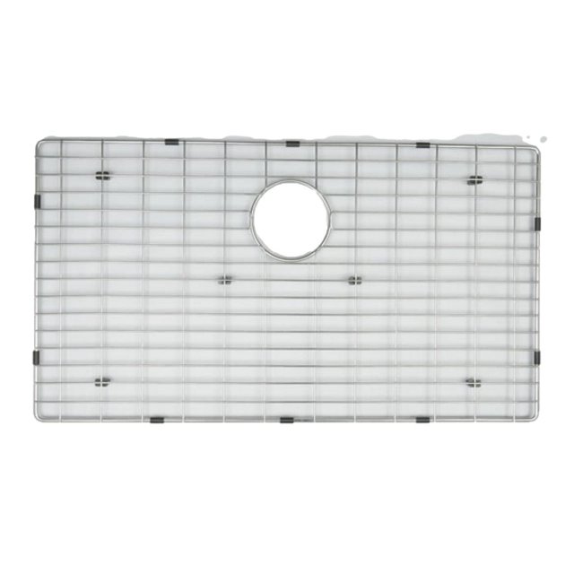 American Imaginations 27-in. W Kitchen Sink Grid AI-34769, a rectangular stainless steel grid with chrome finish and central circular drain cutout. Designed for drop-in installation, it features black protective bumpers to prevent sink scratches, ideal for kitchen sink organization and protection.