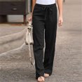 thumbnail image 2 of SHOPESSA Women Solid Color Cotton Linen Pants Sashes Straight Casual Long Pants Loose Fit Drawstring Trousers, 2 of 4