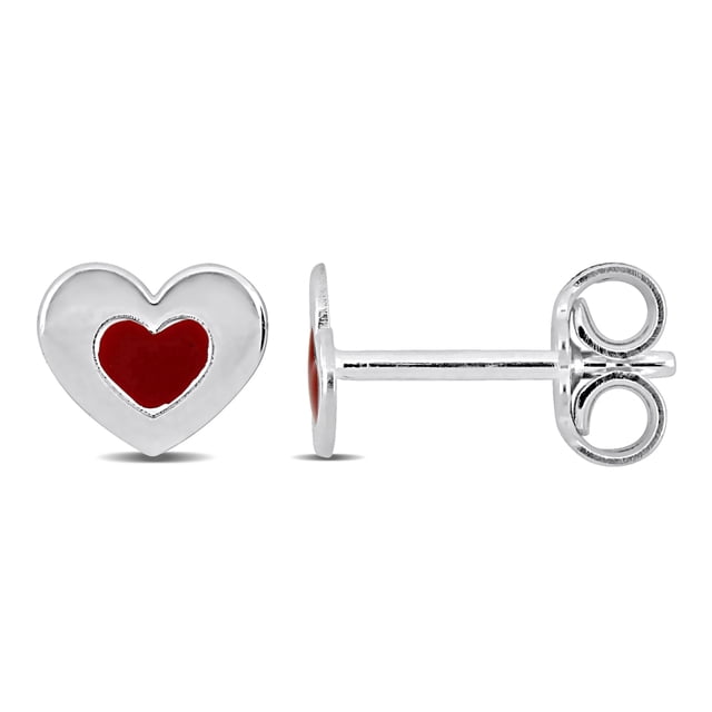 Miabella Red Enamel Heart Stud Earrings in Sterling Silver