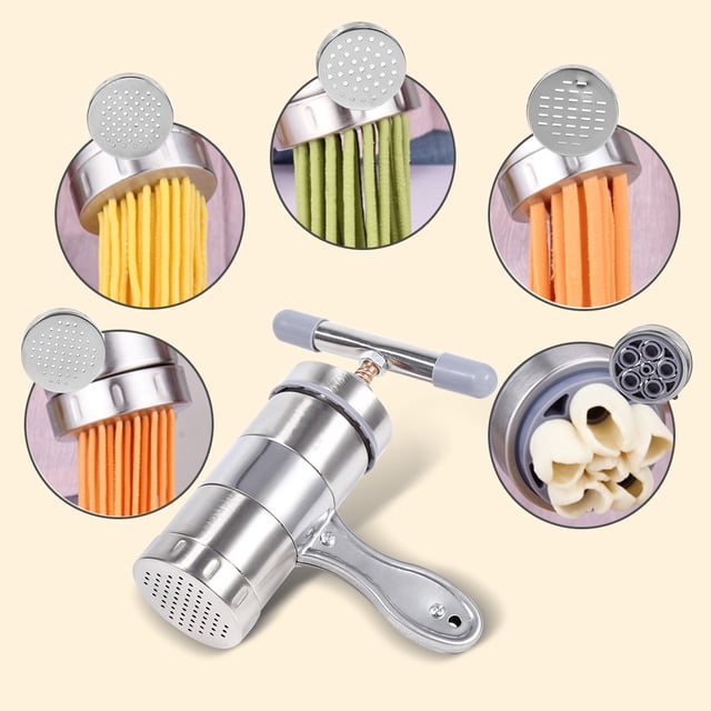 LHCER Pasta Maker Noodle Making Machine, a stainless steel kitchen gadget designed for efficient noodle making. Features anti-rust and corrosion-resistant material, five mold heads for varying noodle thickness, and easy operation. The image showcases colorful noodles being pressed through different molds, ideal for home or restaurant cooking.