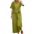 thumbnail image 1 of Womens Pants Suit Round Neck Short Sleeve Solid Color Tops Wide Leg Pants Ladies Summer Casual Pants Set, 1 of 4