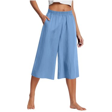 QATAINLAV Ofertas de Hoy en Liquidación! Capri Pants for Women Loose Wide Leg Linen Summer Cropped Pants Drawstring Elastic Waist Capris Trousers with Pockets Blue XL