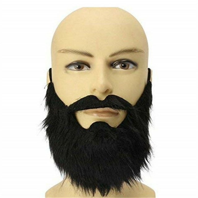 Fortune Men False Goatee Beard Moustache in black, made of high-quality long fluff material for a realistic and natural look. This stick-on facial hair accessory is one size fits most and is suitable for Halloween, Christmas, parties, and other festive occasions. The adjustable strap ensures a comfortable fit, and it is easy to care for by washing gently with shampoo. The image shows the black goatee beard displayed on a mannequin head, highlighting its texture and length.