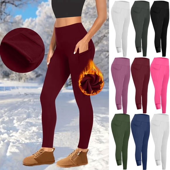CFLVAEK Fleece Lined Leggings Women with Pockets Thermal Warm Winter Yoga Pants Comfy High Waisted Tights Tummy Control Cold Weather Workout Legging Black S