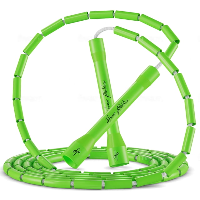 Honor Athletics 2.0 Beaded Jump Rope in neon green, featuring adjustable length, unbreakable 5-inch polymer handles, and shatterproof 1-inch beads. Designed for enhanced fitness training with a durable 3.8mm inner rope thickness, suitable for users up to 6'4" tall.