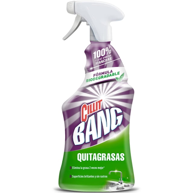 Nettoyant Dégraissant Cillit-Bang 750 ml 1 Unité Vaporisateur à Gâchette Orienté vers l'Avant avec Poignée Moulée et Gâchette Rouge, Étiquette Rouge et Blanche Montrant le logo Cillit Bang et le Graphique de Citron, 750 ml Marqués sur l'Étiquette, Bouteille semi-opaque avec Liquide Jaune Pâle visible; un Dégraissant de Cuisine Souvent Utilisé sur les Cuisinières et les Grils.
