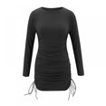 thumbnail image 2 of Ladies Sexy  Neck Solid Color Ruffled Tie Long Sleeve Women Casual Dress, 2 of 5