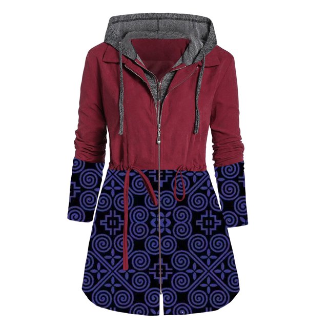 IROINID Manteau Parka à Capuche Mi-Long pour Femmes Imprimé Manches Longues Chaud Automne et Hiver avec Cordon de Serrage Cardigan Manteau Coupe-Vent, Rouge