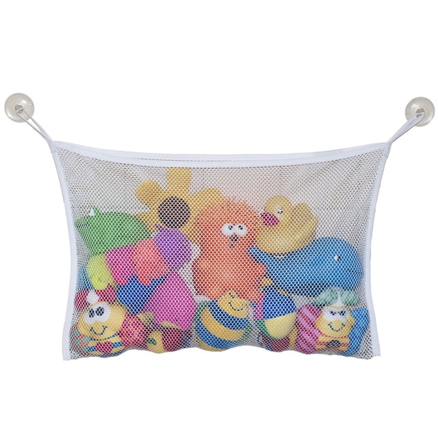 Jolly Jumper Bath Tub Toy Bag in white quick-dry mesh with suction cups, measuring 45.7 cm by 30.5 cm, holding colorful baby bath toys including a yellow rubber duck and orange octopus, designed to organize toys and prevent mold in the bathroom.
