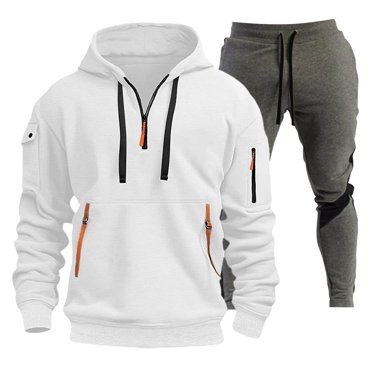 Ketyyh-chn99 Sweat Suits for Men Set 2 Pcs Hoodie Jogger Sweatsuits Men's Sports Two Piece Solid Color Multipocket Half Zipper Hooded Sweater Color Matching Waist Casual Pants Size for 2XL,White