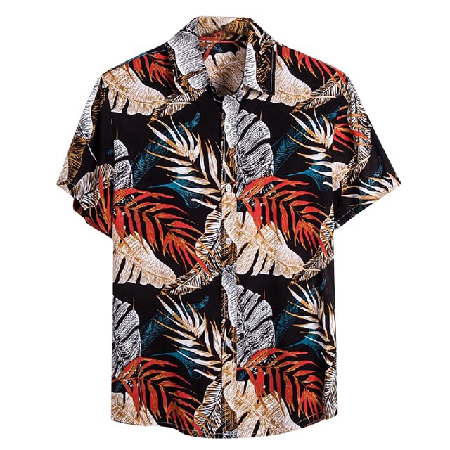 Leutsin Men Short-Sleeved Printed Color Buttons Cardigan Casual Shirt Tops