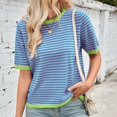 thumbnail image 2 of Fgnfyis un T-Shirt Tricoté à Manches Courtes et Col Rond avec un Design à Blocs de Couleur Rayés pour Femmes Hauts d'Été pour Femmes Vert TTG, 2 of 6