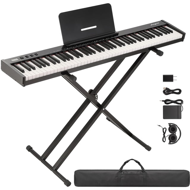 Yiwa Digital Piano 88 Key Full Size Semi Weighted Electronic Keyboard Piano Set with a sleek black design, featuring 88 semi-weighted keys for an authentic playing experience. Includes a sturdy stand, sustain pedal, headphones, power adapter, and carrying bag. This portable electric piano offers MIDI capabilities, 129 tones, and 128-note polyphony, making it ideal for practice, performance, and learning.