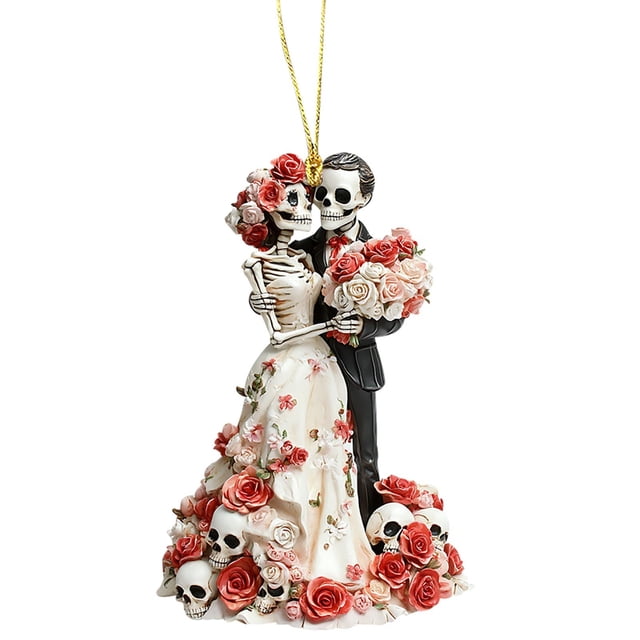 Hanging car accessories featuring a skeleton couple pendant designed as a keychain or backpack ornament. The pendant showcases a bride and groom skeleton adorned with floral details, including red and pink roses and skull accents. Crafted from durable materials, this quirky and memorable design is ideal for Valentine’s Day, anniversaries, birthdays, or as a travel accessory for backpacks.