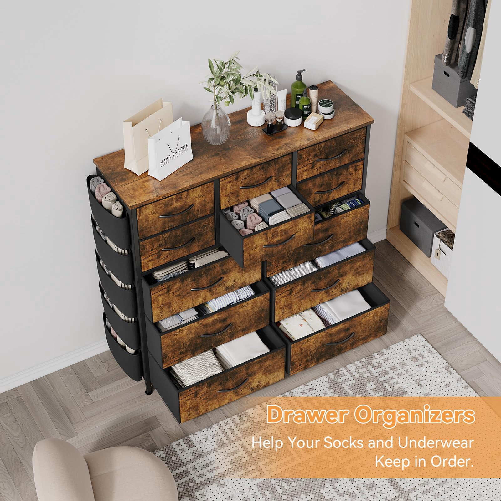Kojooin Dresser for Bedroom, Tall Storage Dresser with 12 Drawers & Side Pockets, Fabric Chests of Drawers Organizer