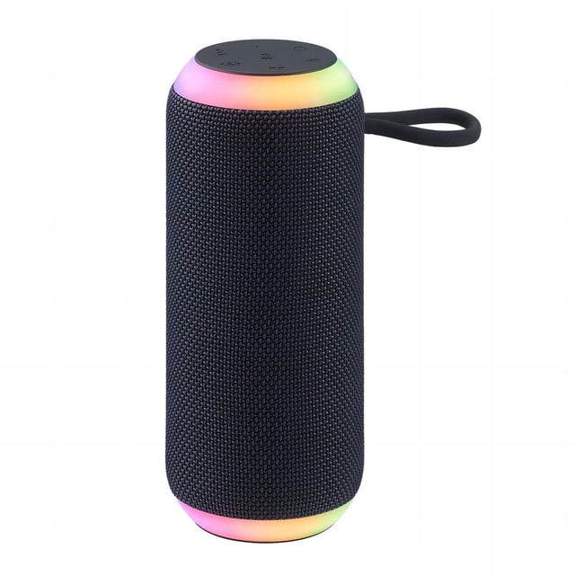 onn. Bluetooth Medium Rugged Speaker with LED lighting effects in grey, cylindrical with textured fabric mesh and multicolour LED rings on top and bottom. Features a black control panel with buttons and a flexible carrying loop. Portable Bluetooth speaker with IPX7 waterproof rating and 12-hour wireless streaming, suitable for outdoor and party use.