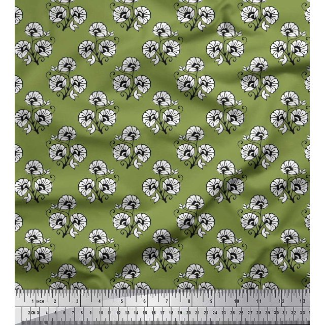 Soimoi Polyester Crepe Fabric Leaves & Floral Block Print Sewing Fabric Yard 42 Inch Wide