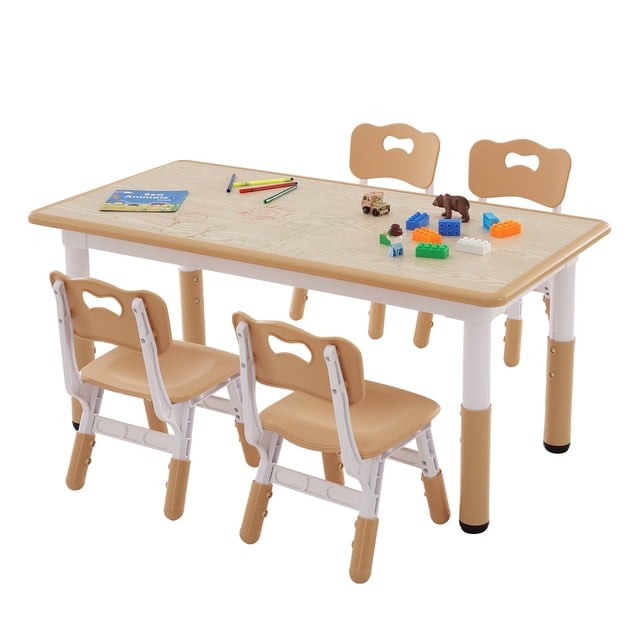 VEVOR Kids Table and 4 Chairs Set with a beige and white height-adjustable table and chairs. The table features a graffiti-friendly desktop with toys, crayons, and a book arranged on top. Suitable for children aged 2-8, this set supports activities like art, craft, reading, and learning. The table offers seven height adjustments (18.98-22.52 inches), while the chairs have three height options (10.63-12.2 inches). Safety features include rubber non-slip pads and PP edge banding for stability and protection.
