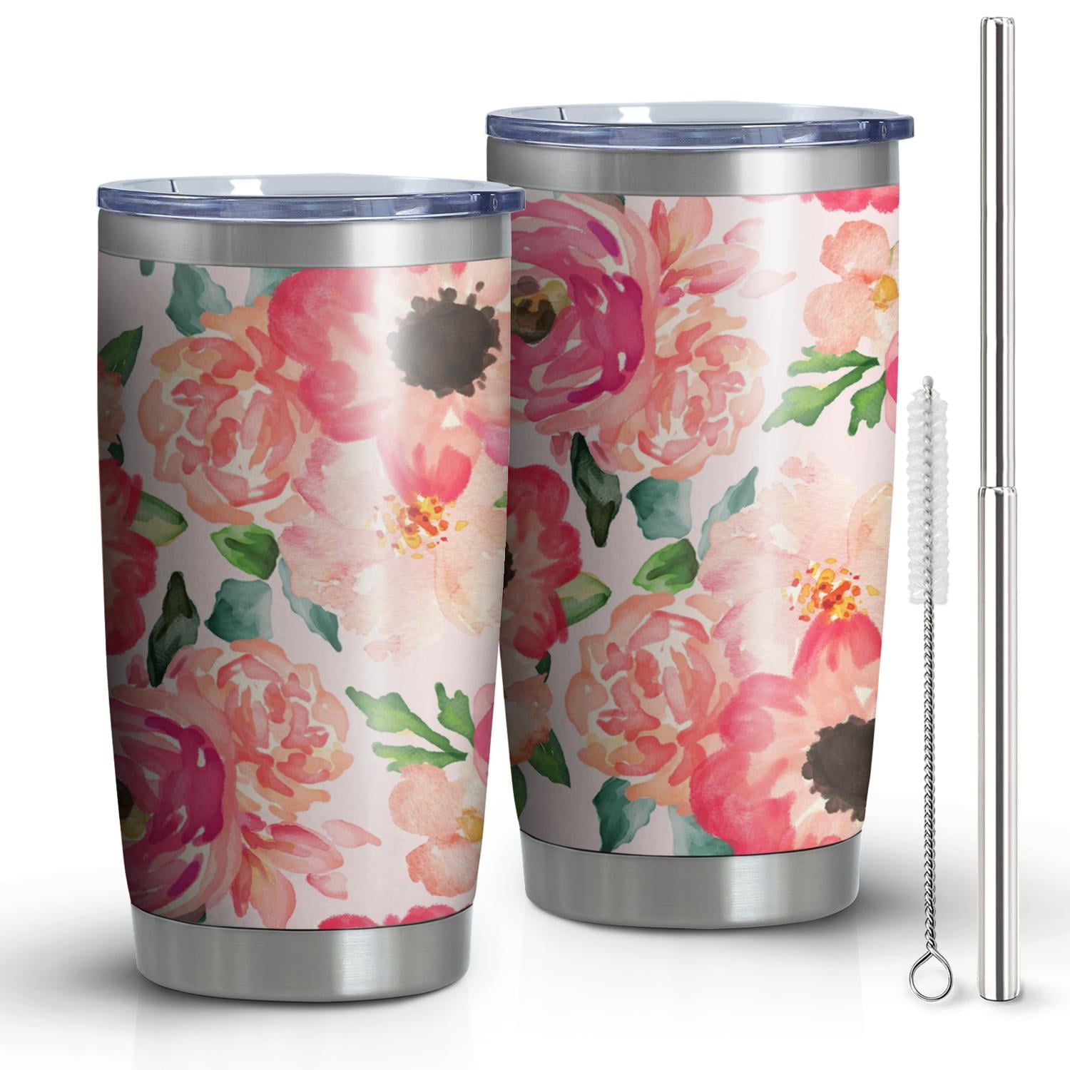 Gobelet 20oz avec Couvercle et Paille en Acier Inoxydable Rose Pâle Fleurs Acier Isolé sous Vide Gobelet d'Eau Café, Tasse de Voyage à Double Paroi Isolée sous Vide Gobelets Réutilisables pour Boissons Glacées, Boisson Chaude