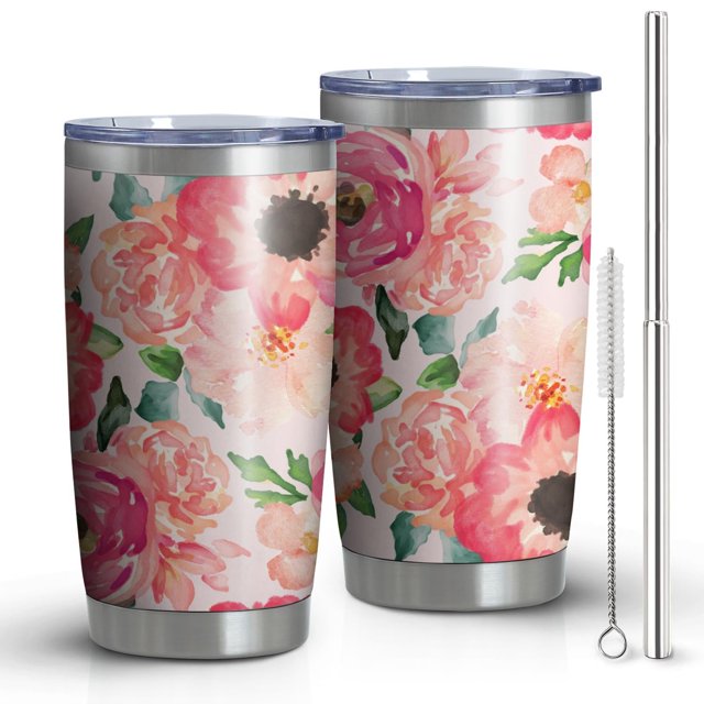 Gobelet 20oz avec Couvercle et Paille en Acier Inoxydable Rose Pâle Fleurs Acier Isolé sous Vide Gobelet d'Eau Café, Tasse de Voyage à Double Paroi Isolée sous Vide Gobelets Réutilisables pour Boissons Glacées, Boisson Chaude