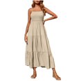 thumbnail image 1 of Robes d'Été pour Femmes Bohème Spaghetti Sangle Smoked Longues Robes de Plage Soleil Sans Manches Robe Maxi Solide, 1 of 9