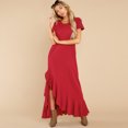 thumbnail image 1 of New Women's Crewneck Short Sleeve Ruffles Decor Asymmetrical Long Dress New Solid Color Casual Loose Robe Holiday Maxi Vestidos, 1 of 2