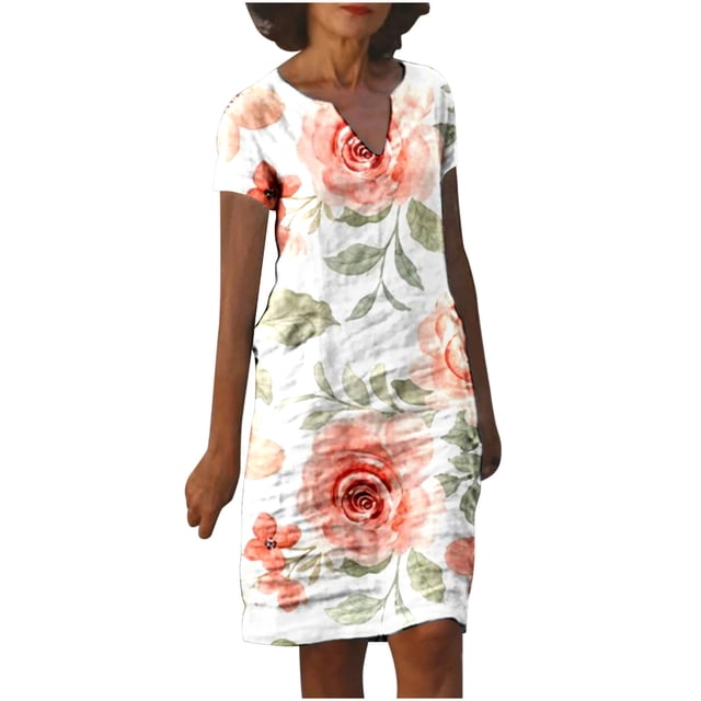Pisexur Robe d'Été pour Femmes 2023 à Col en V à Manches Courtes Florale Décontractée de Plage Robes Imprimé Tournesol une Robe Midi en Lin