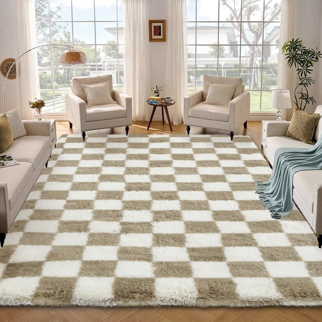 Checkered Rug 4x6 Fluffy Rug Checkered – Large Plush Rug for Bedroom, Ultra Soft Non-Slip Fluffy Carpet for Living Room – Modern Indoor Floor Rug